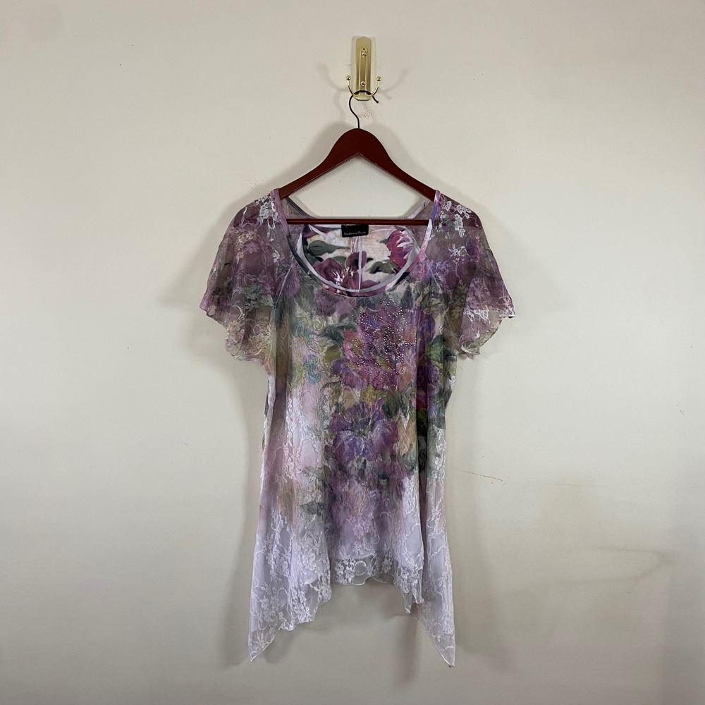 Vintage Y2K Lace Layered Floral Top‎ Bejeweled Purple White XL Fairy Whimsy Fem